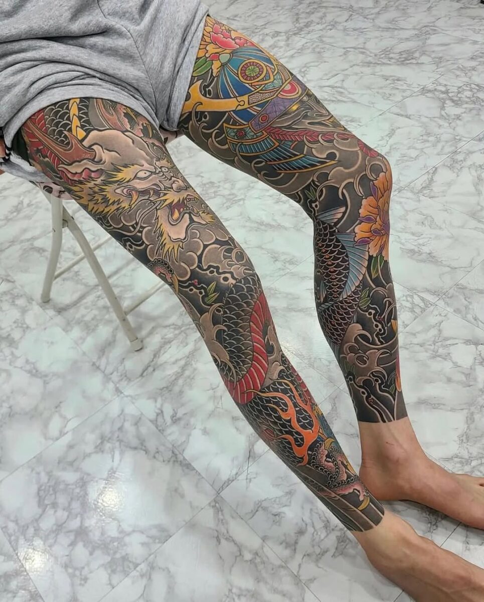 Striking Dragon and Flower Tattoo Design