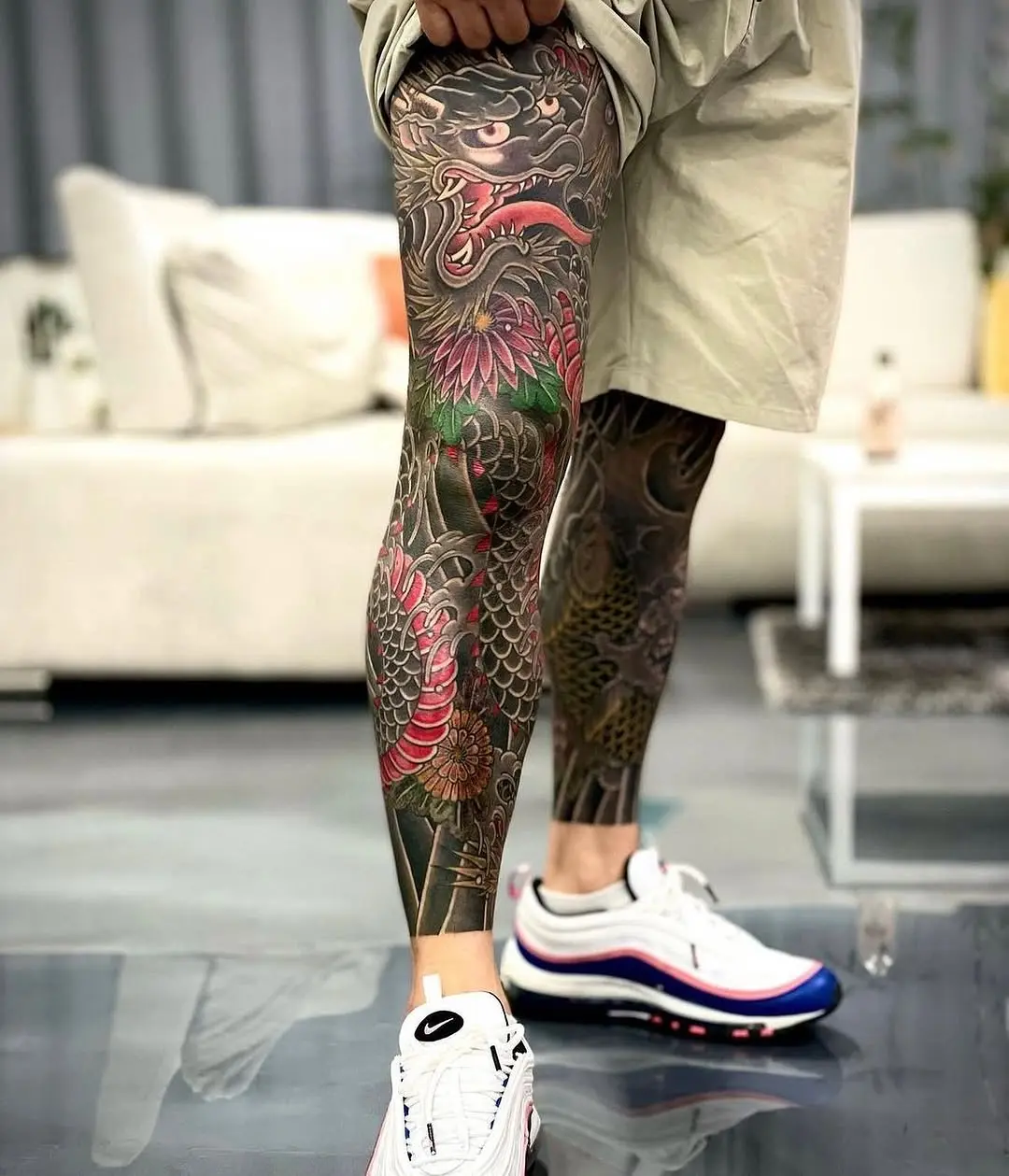 Intricate Yakuza tattoos covering the entire leg