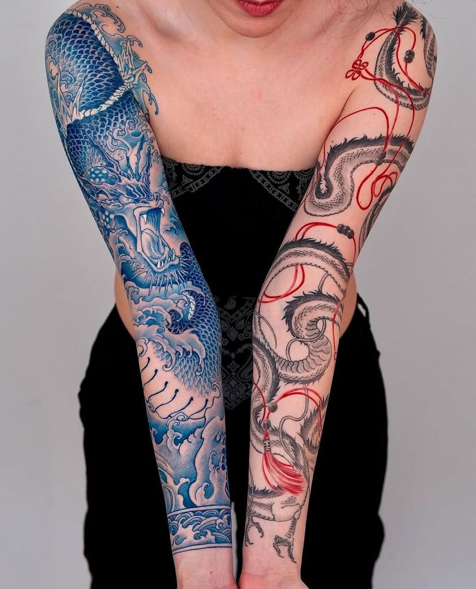 Intricate Yakuza-Inspired Dragon and Wave Tattoos