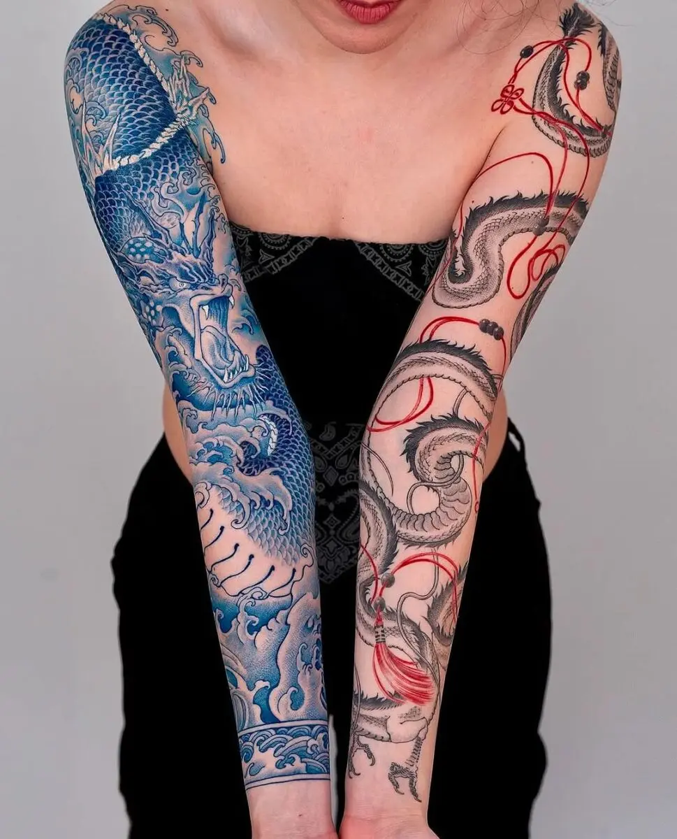 Intricate Yakuza-Inspired Dragon and Wave Tattoos