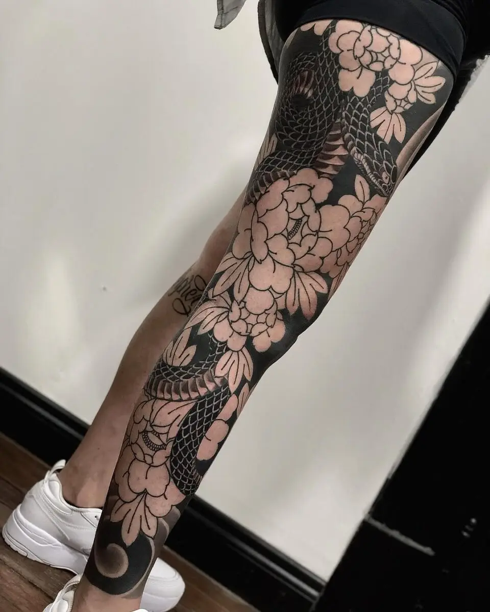 Vibrant Yakuza Snake and Peony Tattoo Design