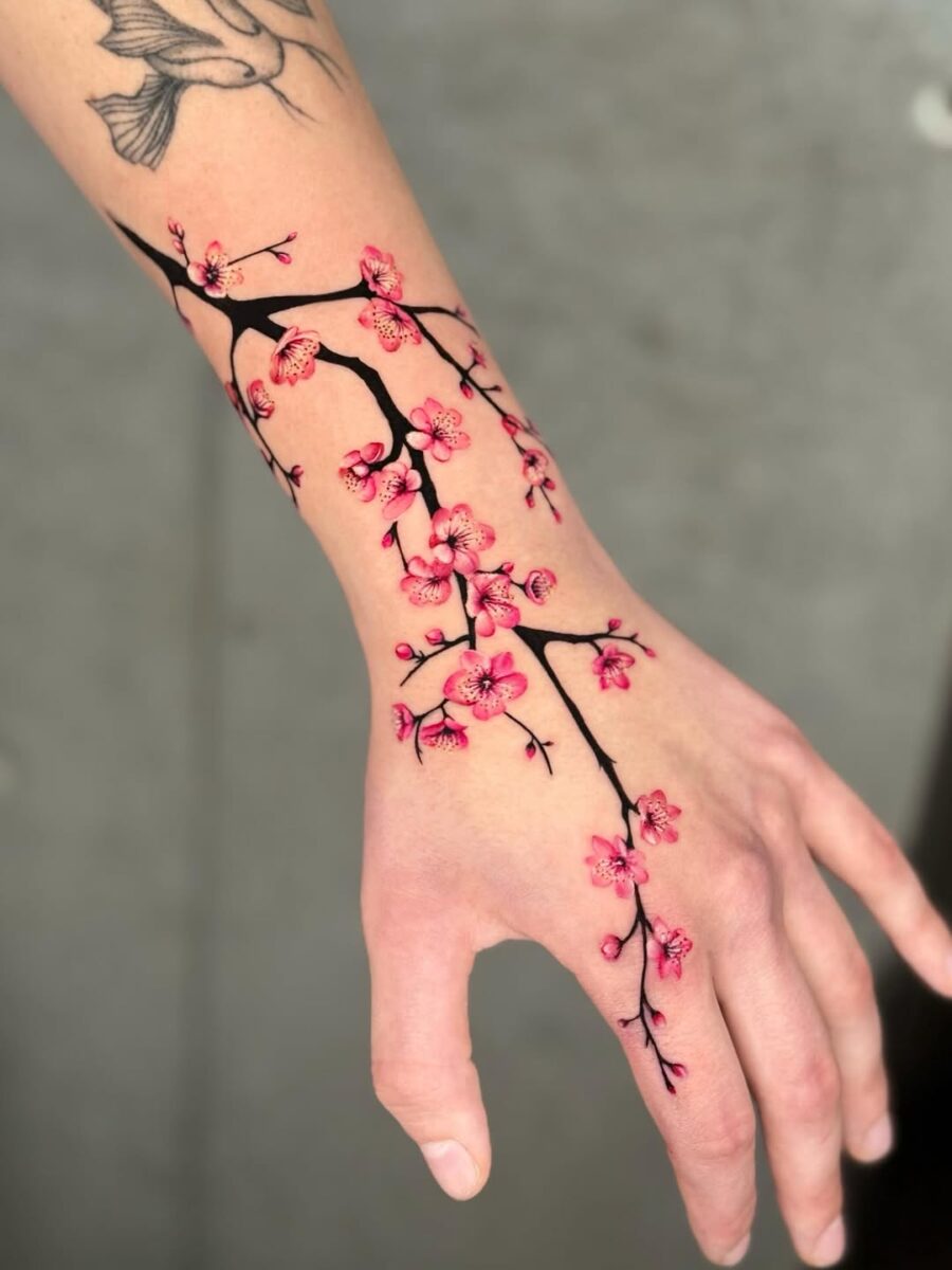Elegant floral hand tattoo with vibrant colors