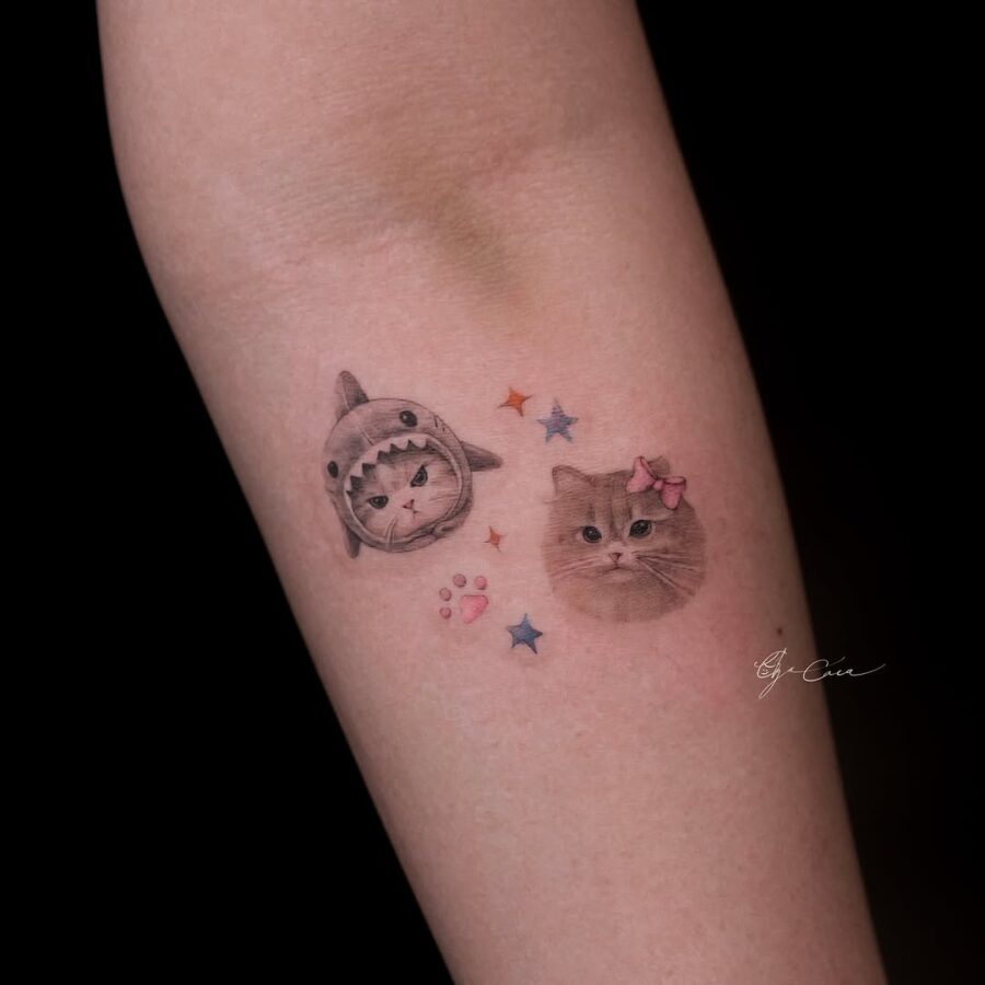 Cute shark and cat tattoo design combination