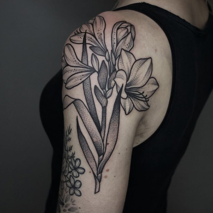 Elegant amaryllis tattoo with intricate line work