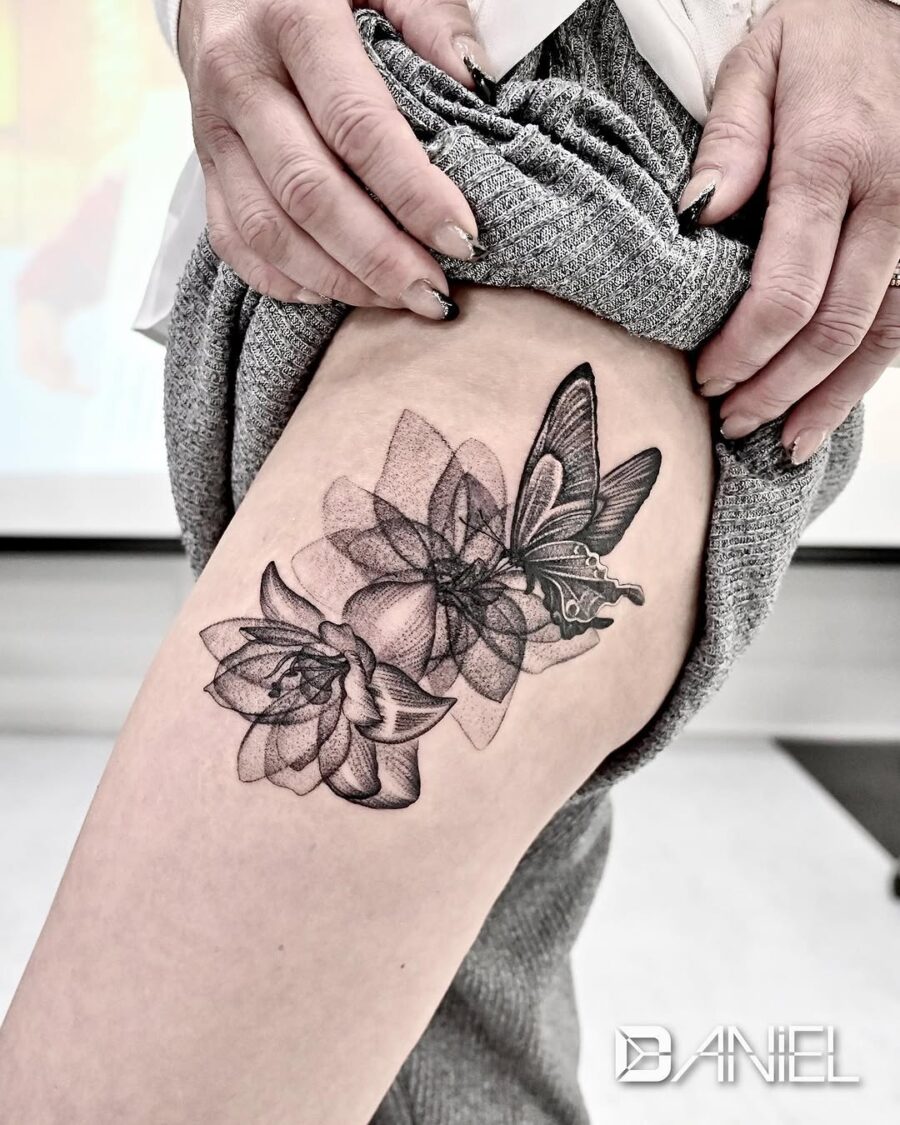 Delicate Amaryllis and Butterfly Tattoo Design