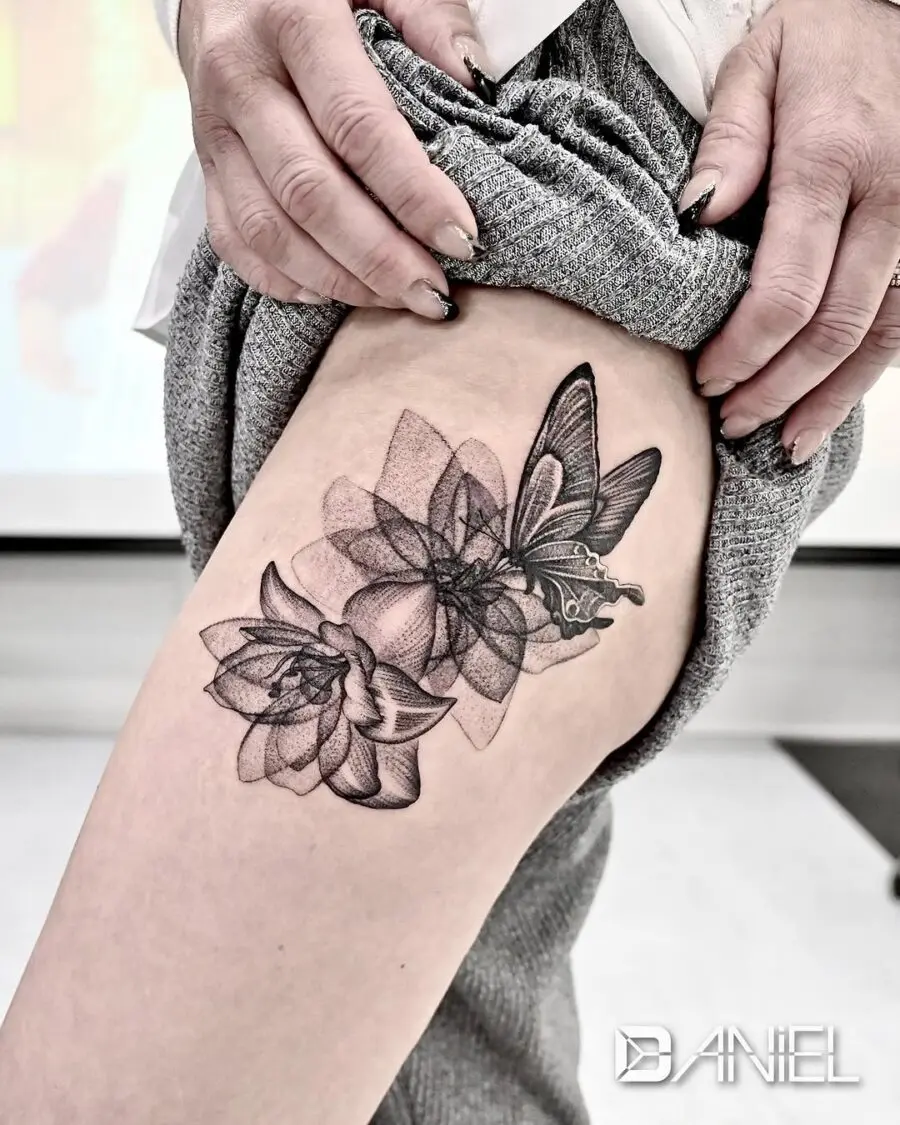 Delicate Amaryllis and Butterfly Tattoo Design