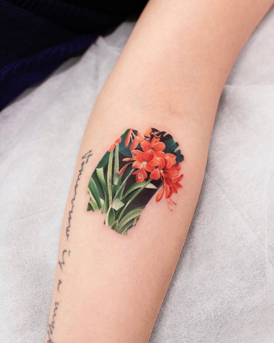 Vibrant Amaryllis Tattoo on the Forearm