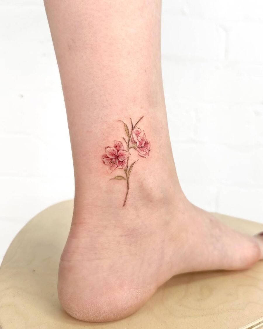 Delicate Amaryllis Tattoo on Ankle