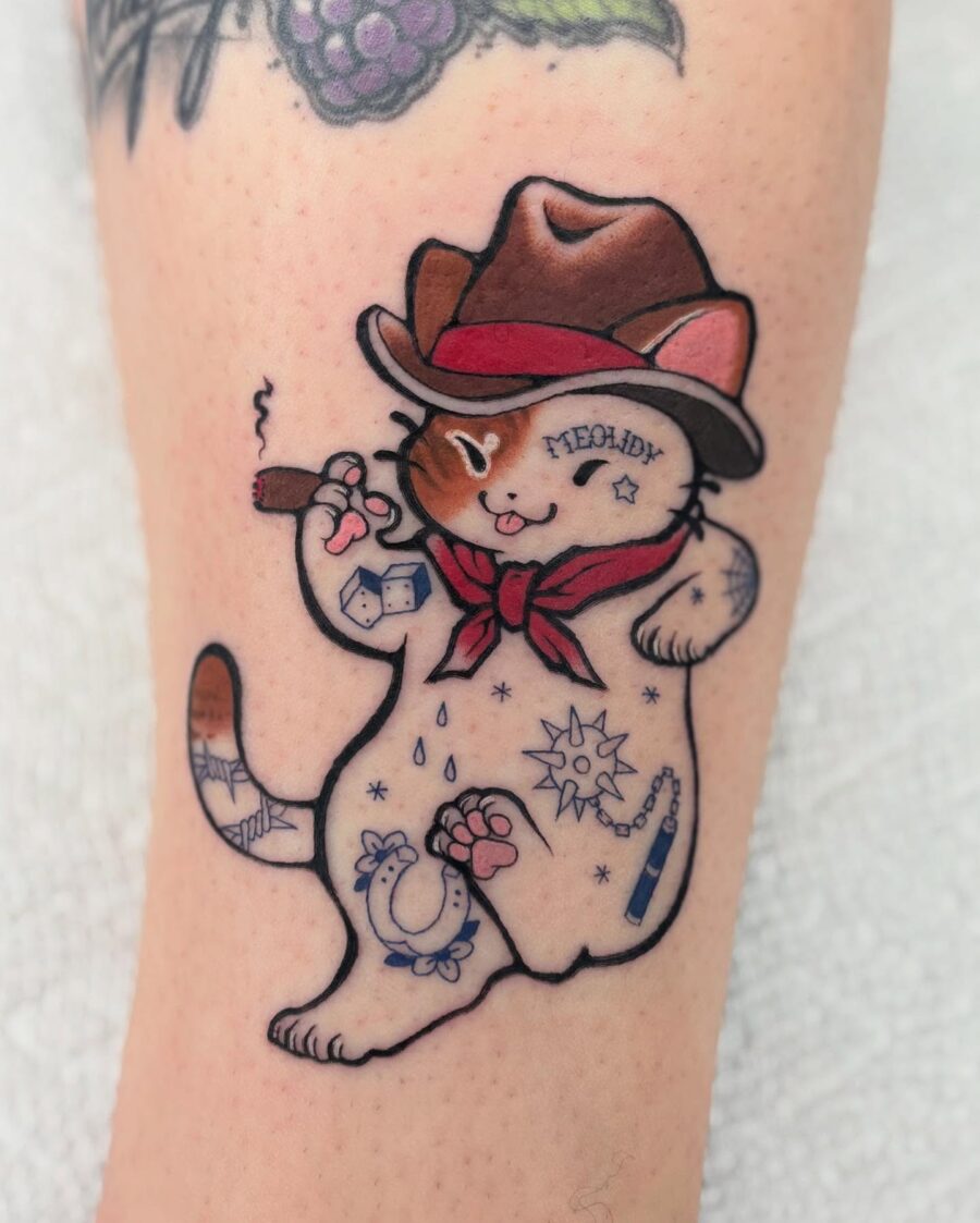 Playful cat showcasing Americana tattoo style