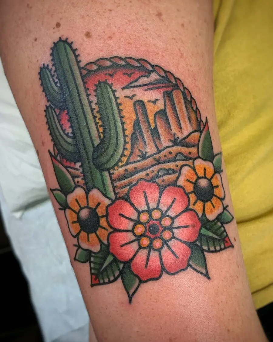 Vibrant Americana Cactus and Floral Tattoo Design