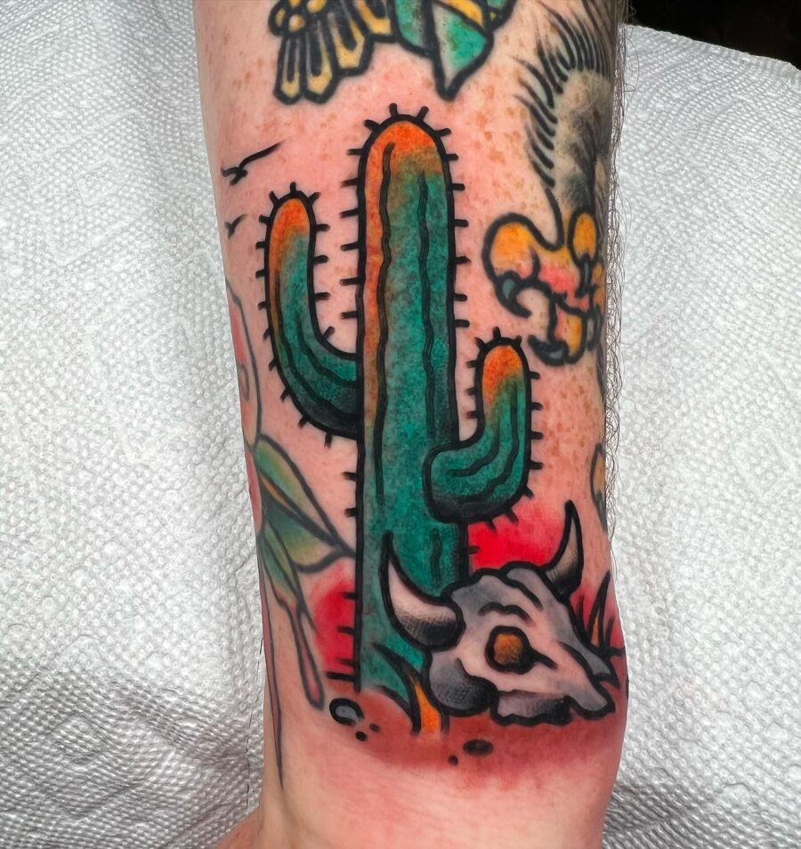 Vibrant Americana cactus and skull tattoo design