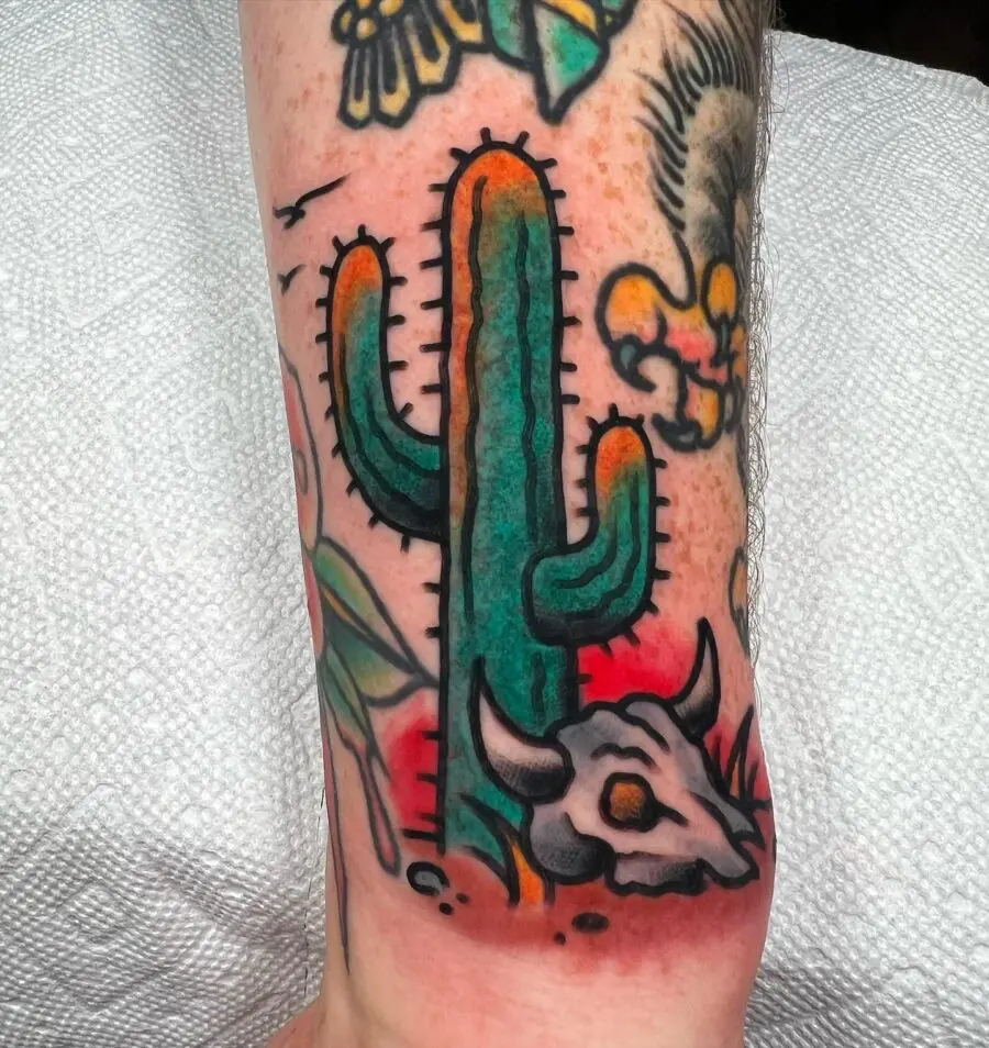 Vibrant Americana cactus and skull tattoo design