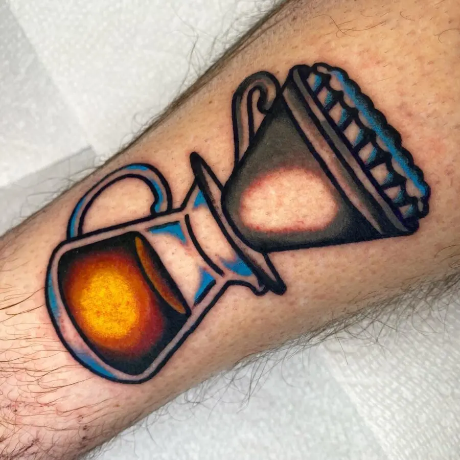 Artistic coffee brewing tattoo captures Americana spirit