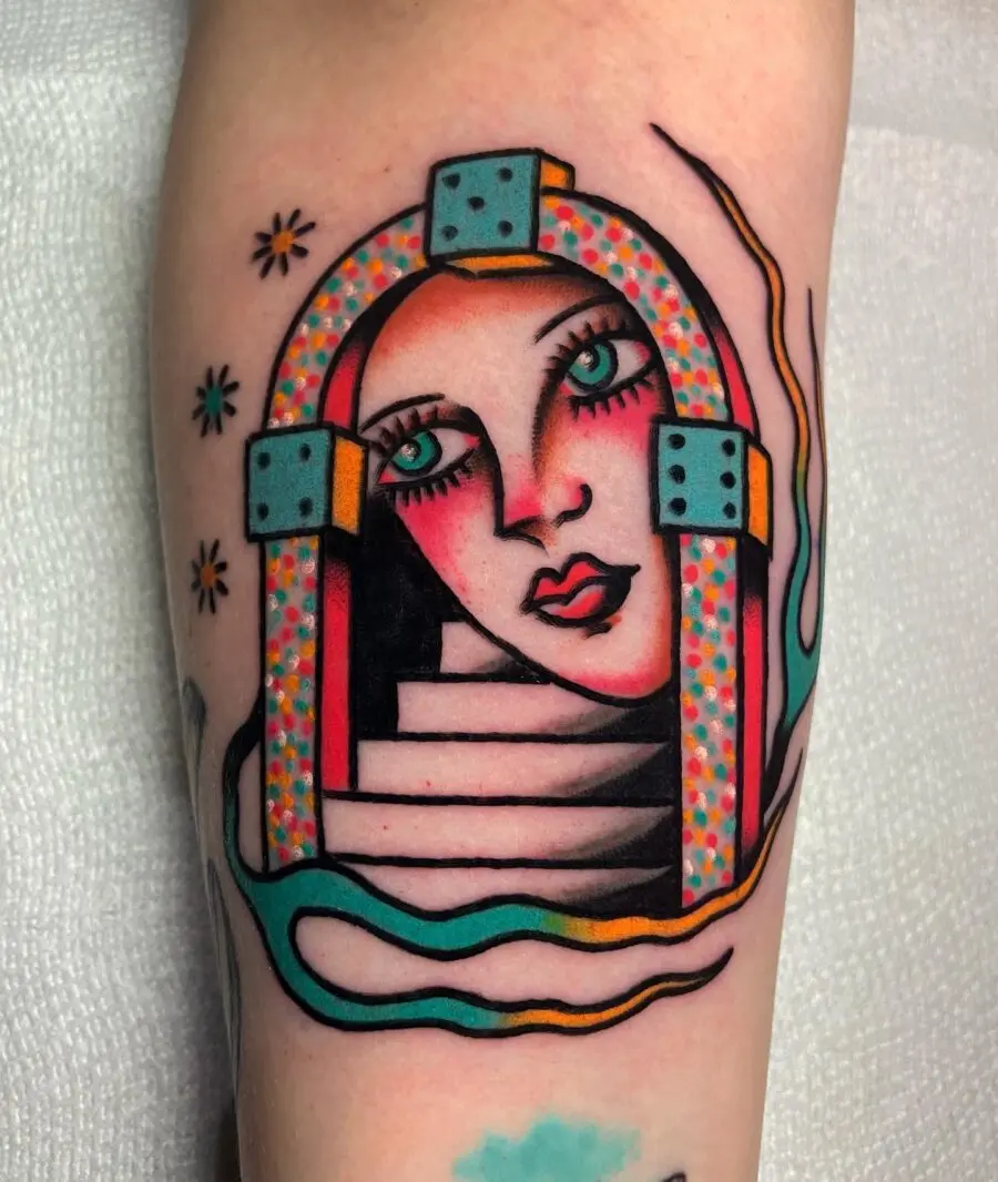 Whimsical Americana tattoo with vibrant elements