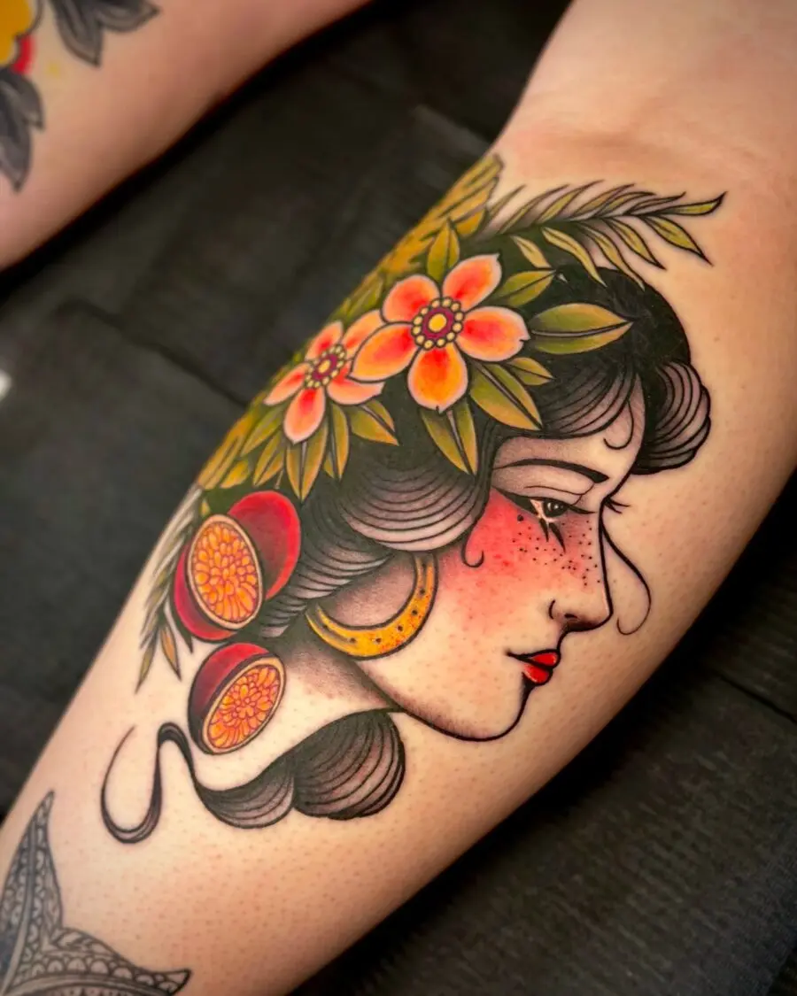 Floral Americana tattoo featuring vibrant colors