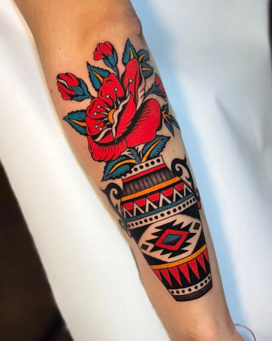 Vibrant floral vase Americana tattoo inspiration