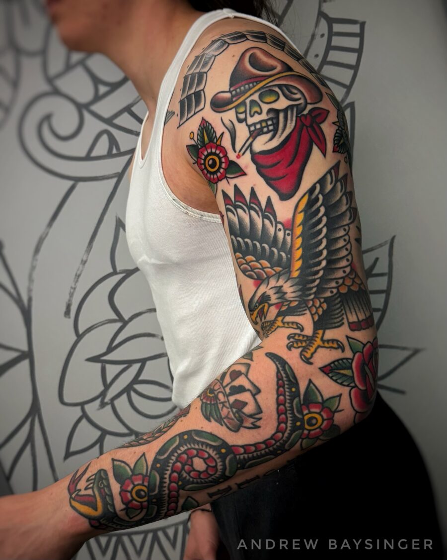 Vibrant Americana tattoo showcasing skull and eagle