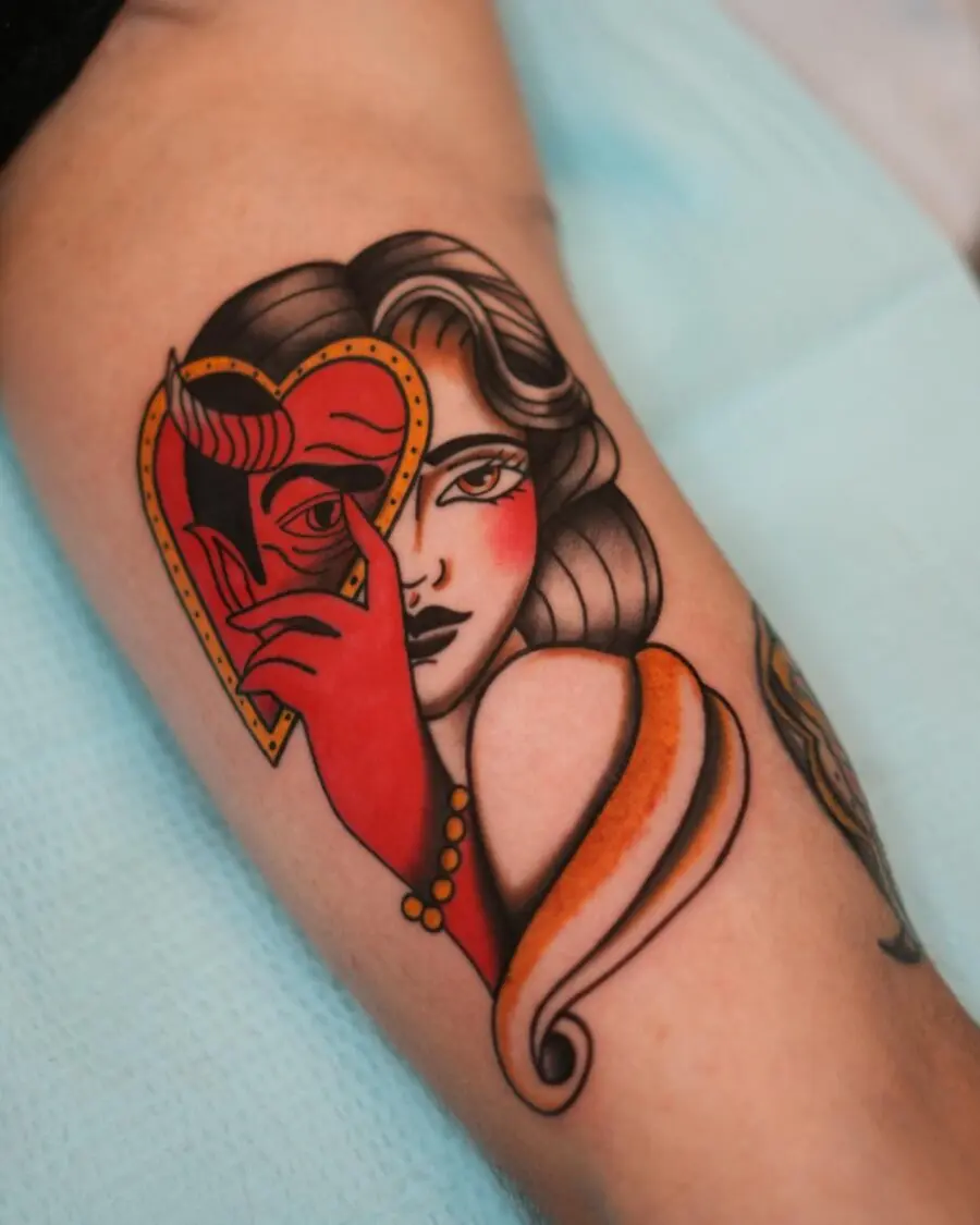 Vibrant Americana Heart Tattoo with Dual Faces