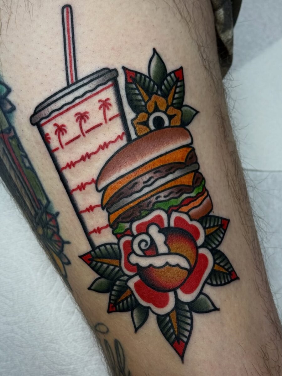 Playful Americana-style burger and drink tattoo