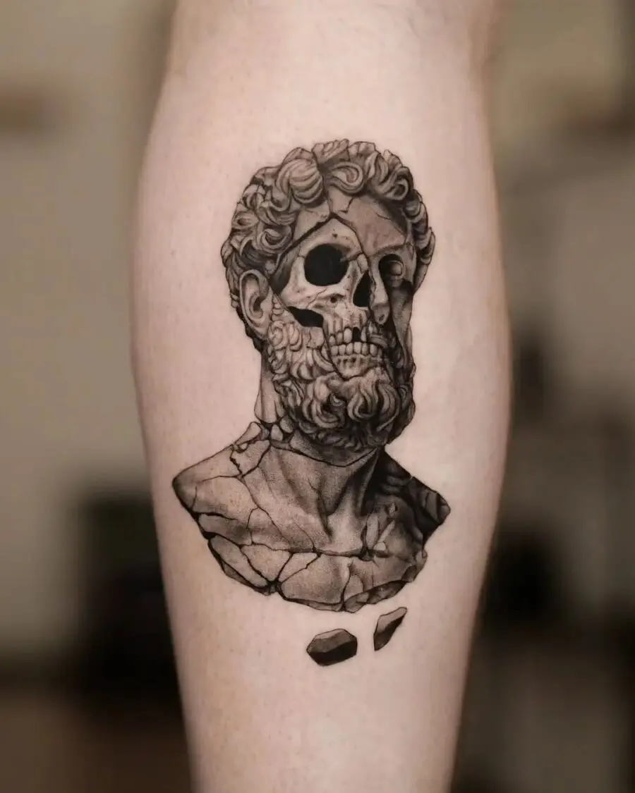 Intricate skull tattoo of an ancient bust
