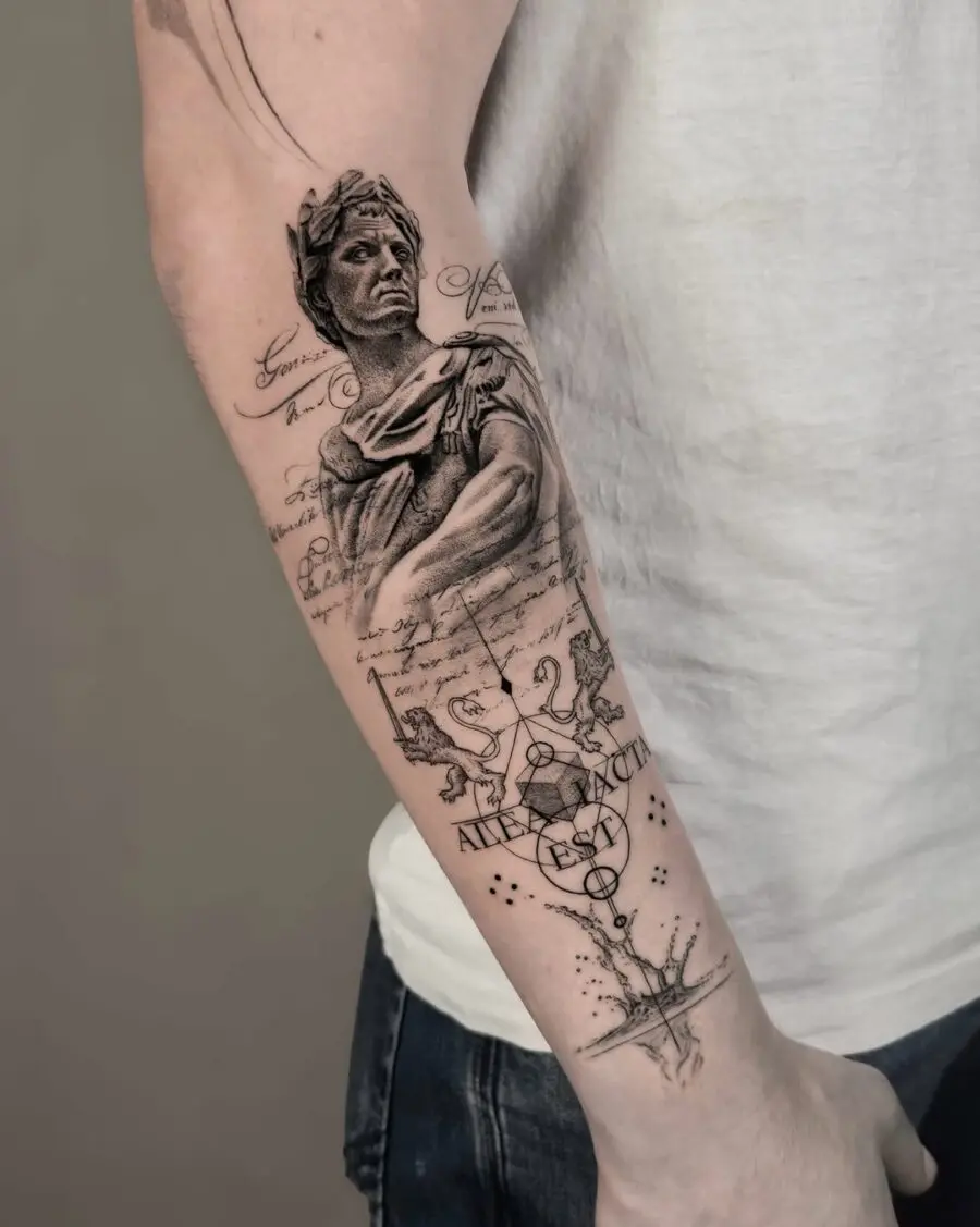 Intriguing ancient-themed tattoo with statue and text