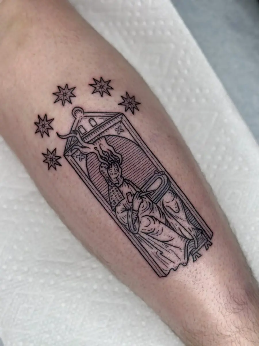 Intricate depiction of a revered figure in ink