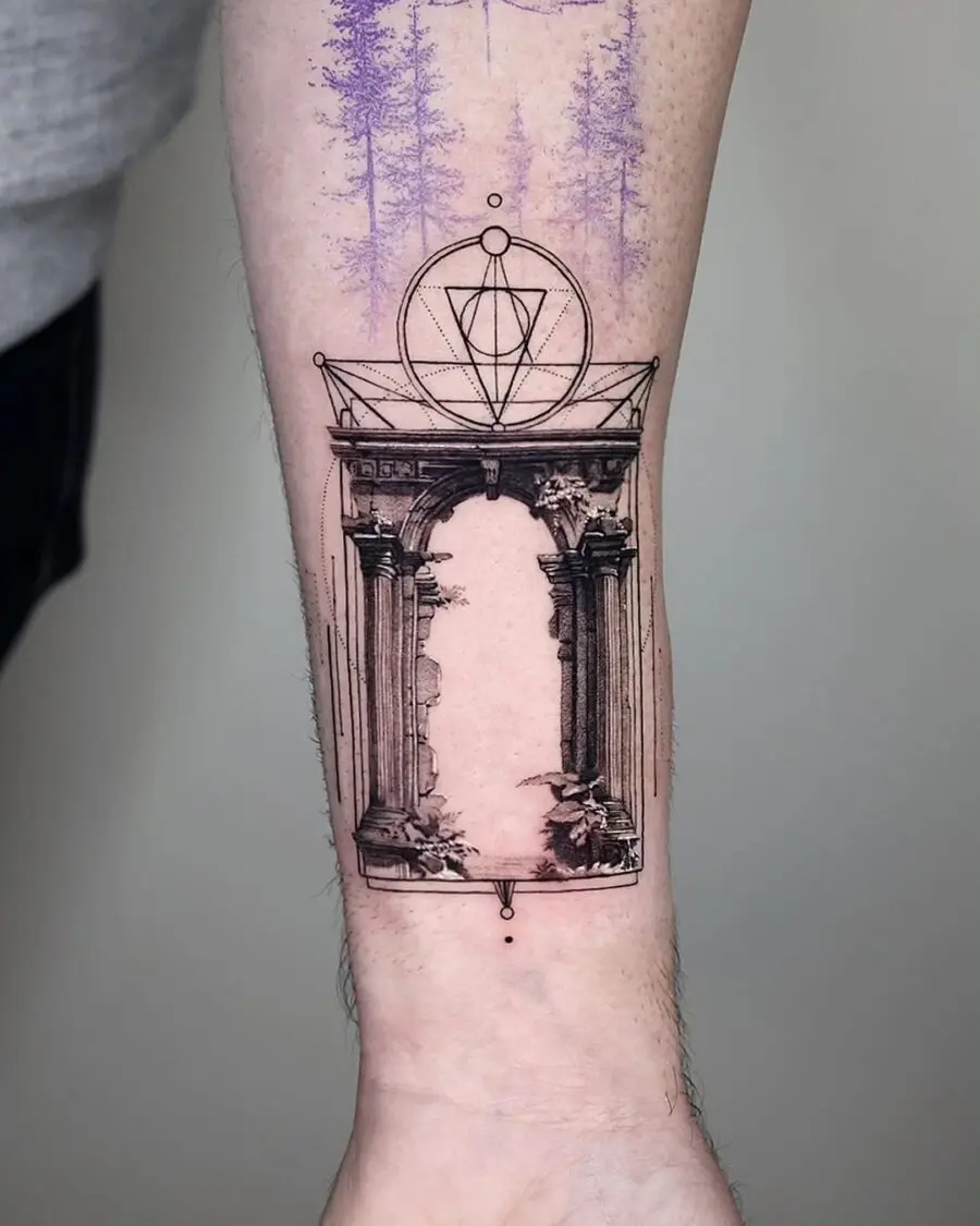 Intricate architectural tattoo inspired by history