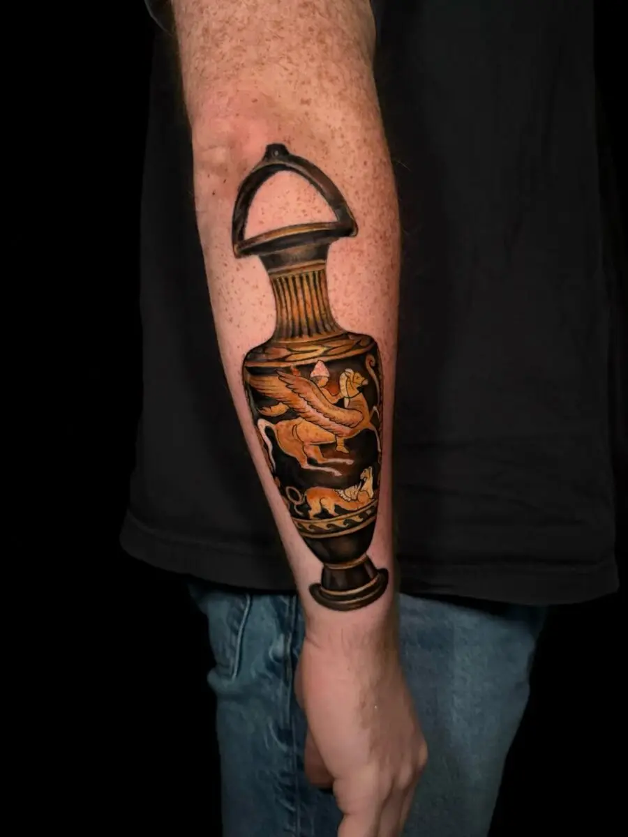 Stunning ancient vase tattoo design on arm