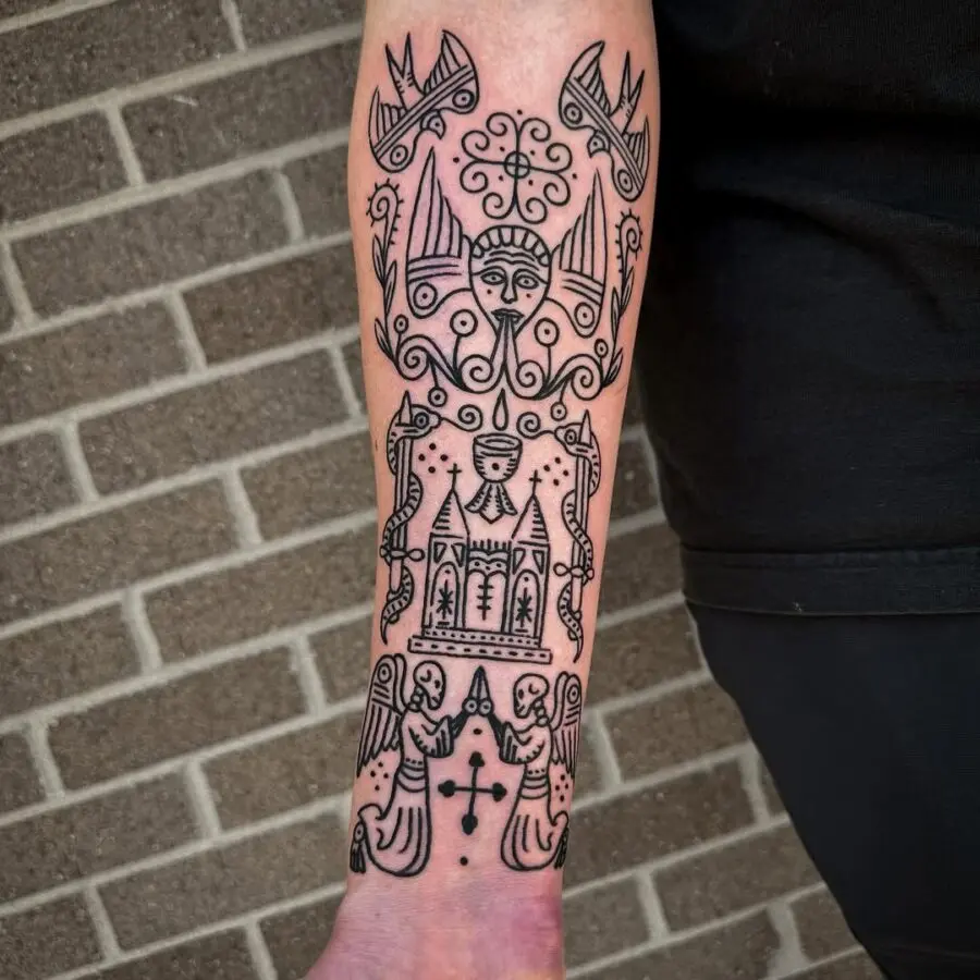 Intricate ancient symbols inked in modern style