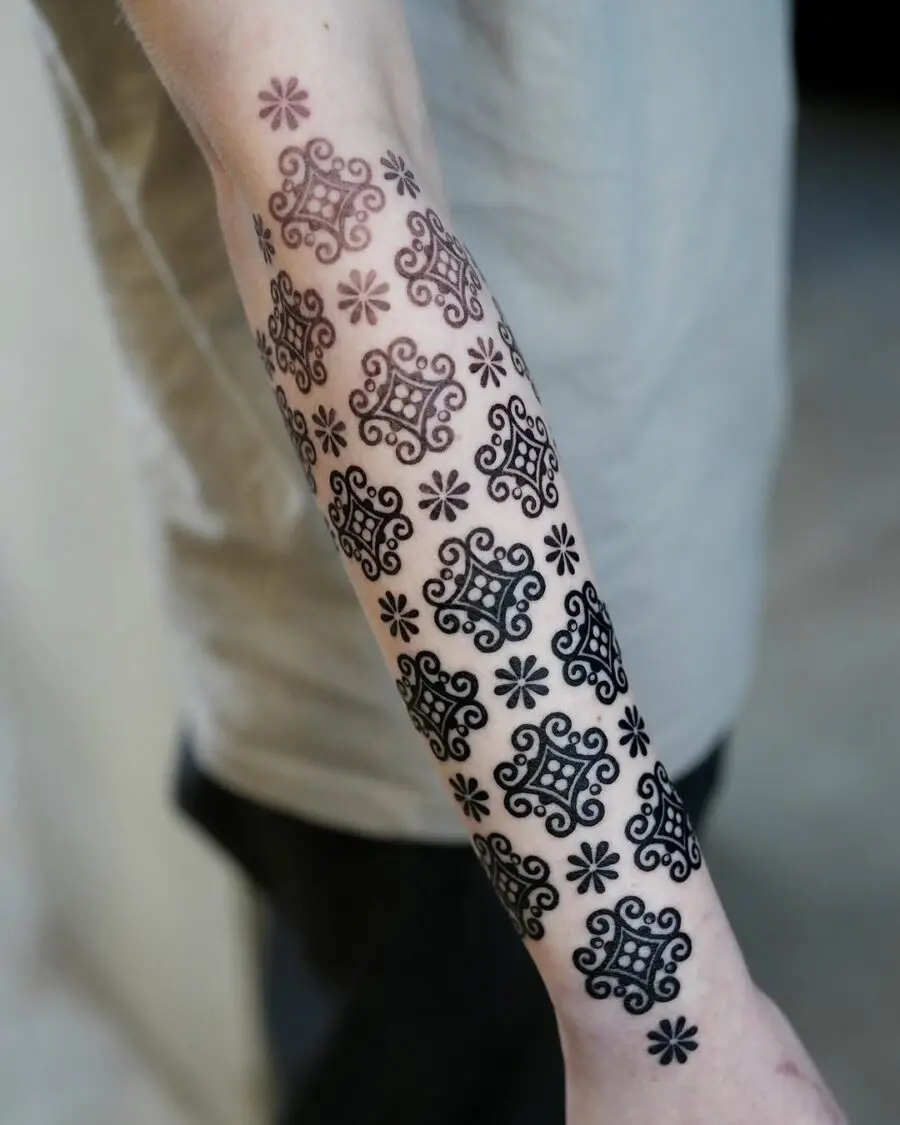 Intricate black ink tribal pattern on forearm