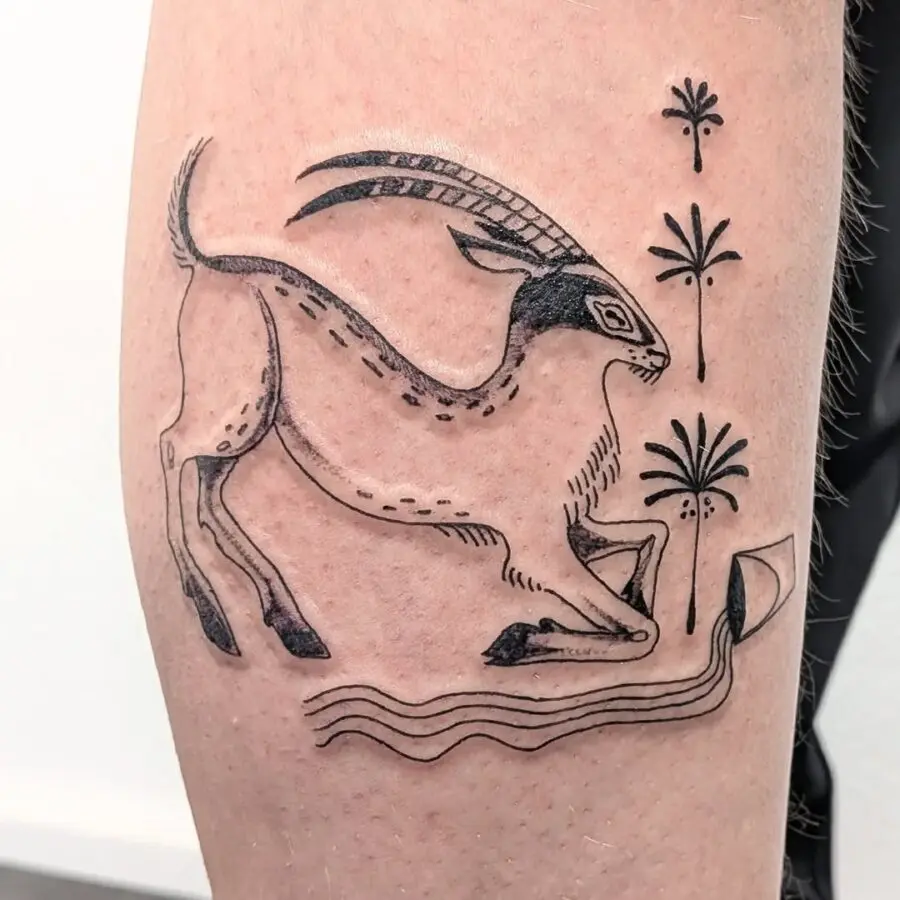 Stylized goat tattoo inspired by ancient art