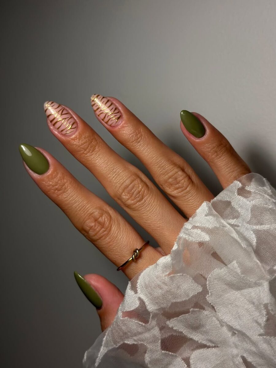 Stylish Green and Animal Print Nail Design