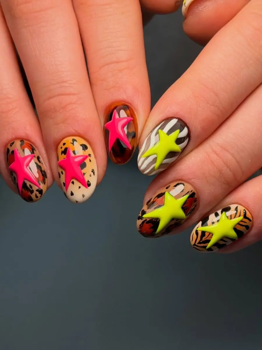 Vivid animal print nails with playful star designs
