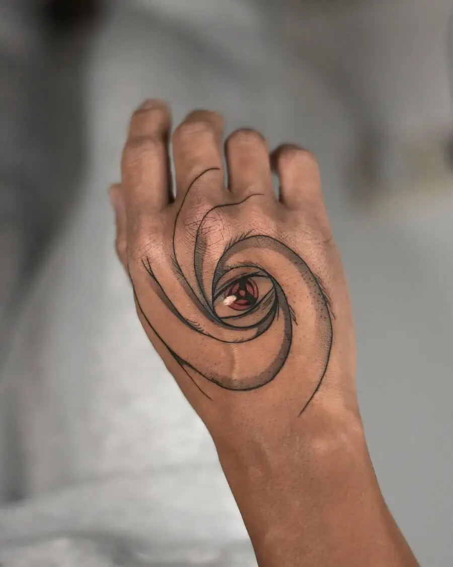 Unique swirl eye tattoo on the hand