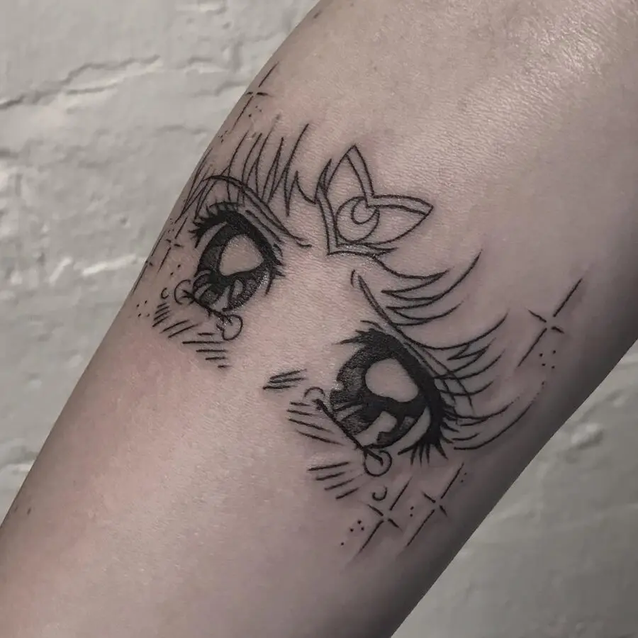 Intricate anime eyes tattoo with crystal details