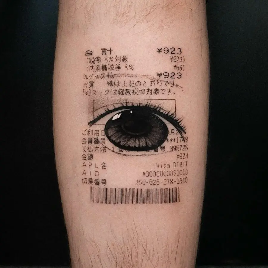 Intriguing anime eye tattoo with barcode design