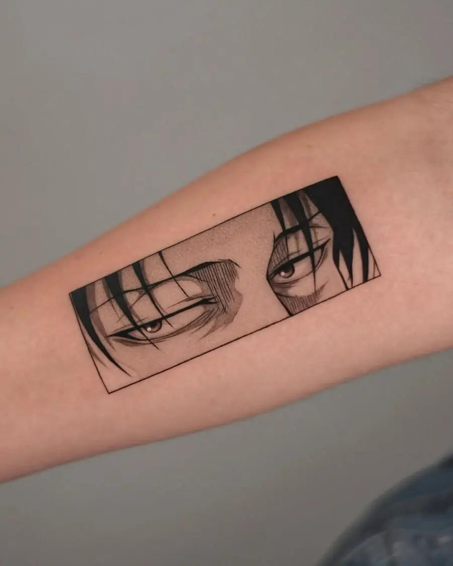 Intricate anime eyes tattoo with intense expression