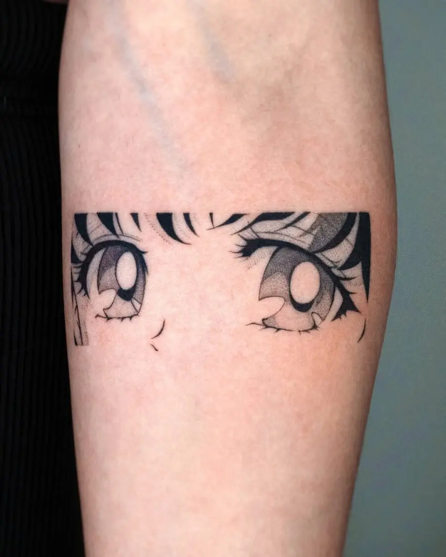 Stunning anime eye tattoo on thigh