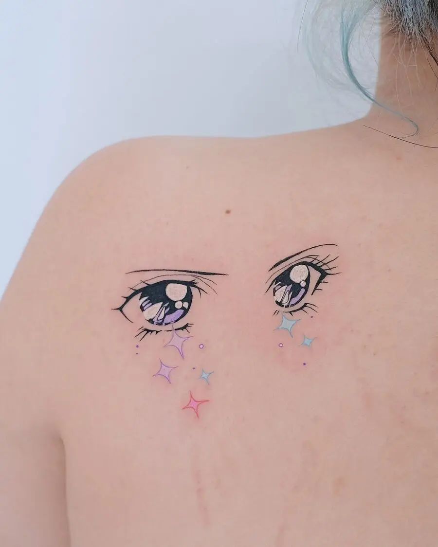 Vibrant anime eyes with playful star accents