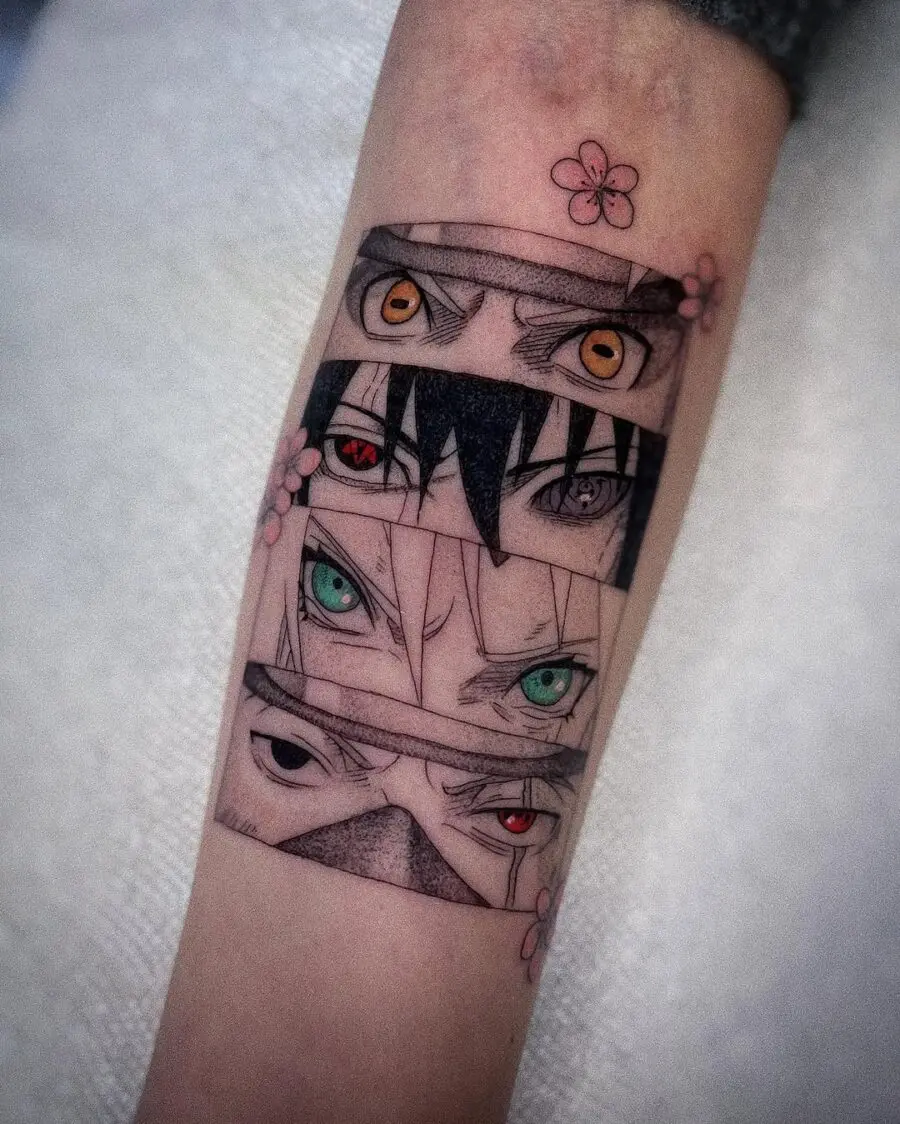 Stylized anime eyes tattoo with intricate details