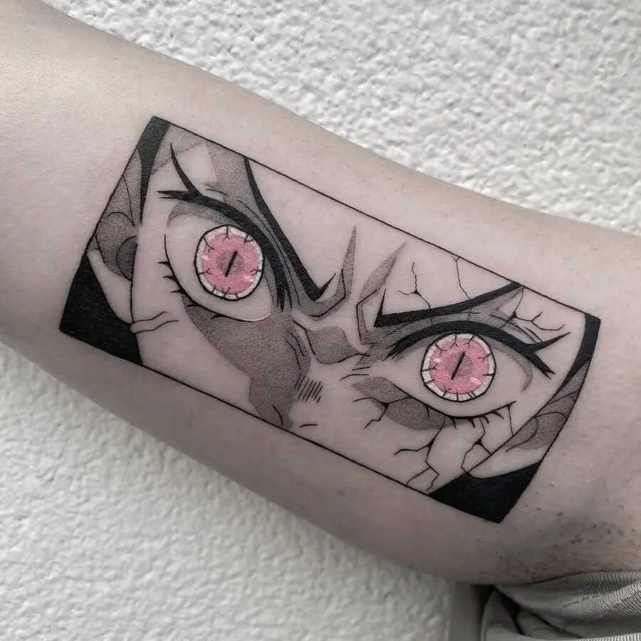 Striking anime eyes tattoo with cracked design