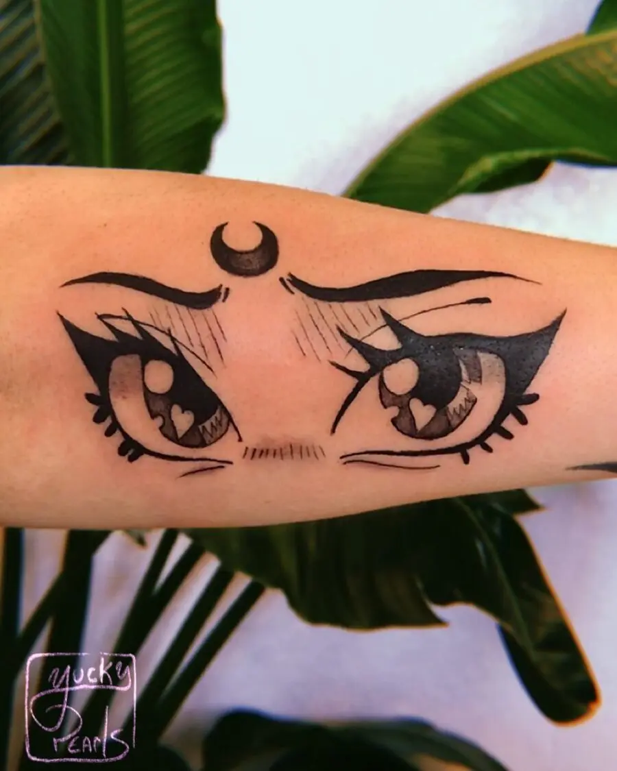 Charming anime eyes tattoo with heart details