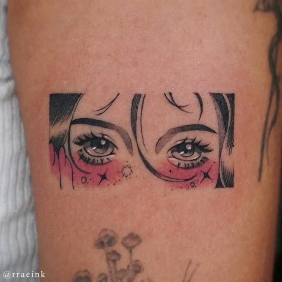 Captivating anime eyes tattoo with soft details