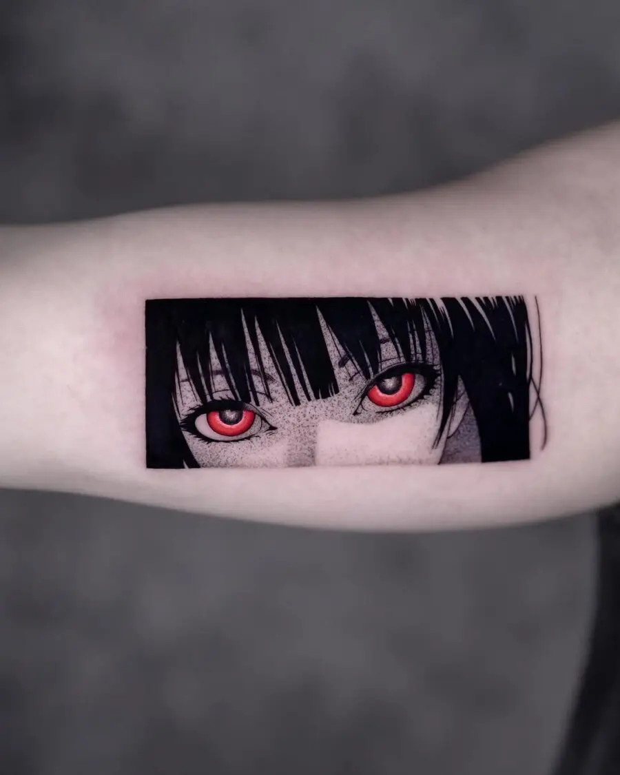 Striking red anime eyes tattoo design