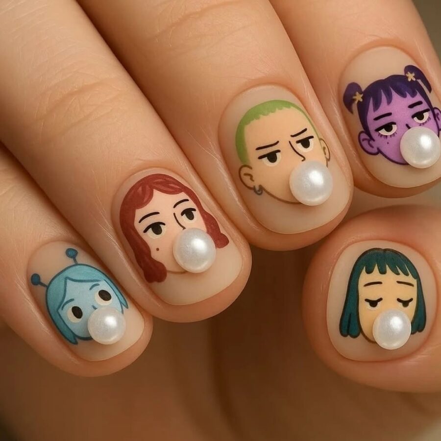 Cute and quirky cartoon face nail art