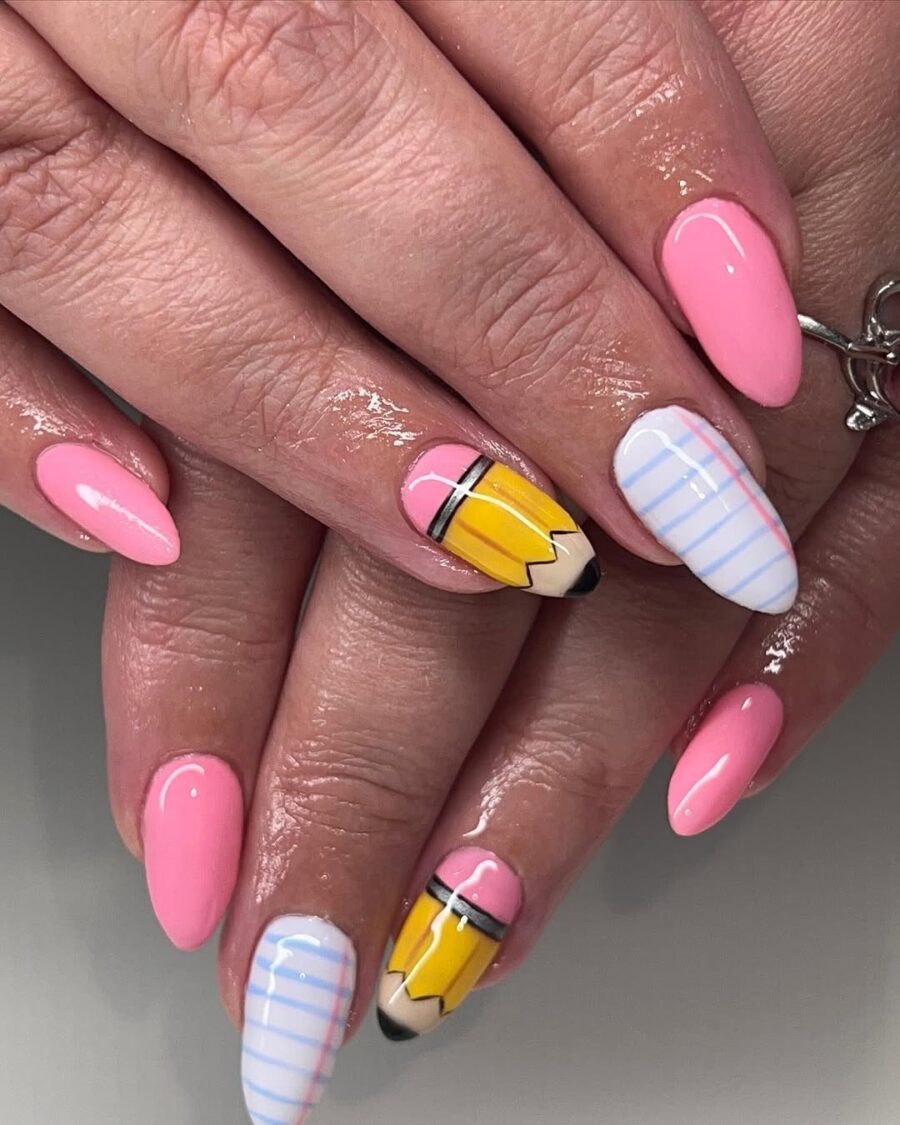 Fun Pink and Yellow Pencil Nail Design