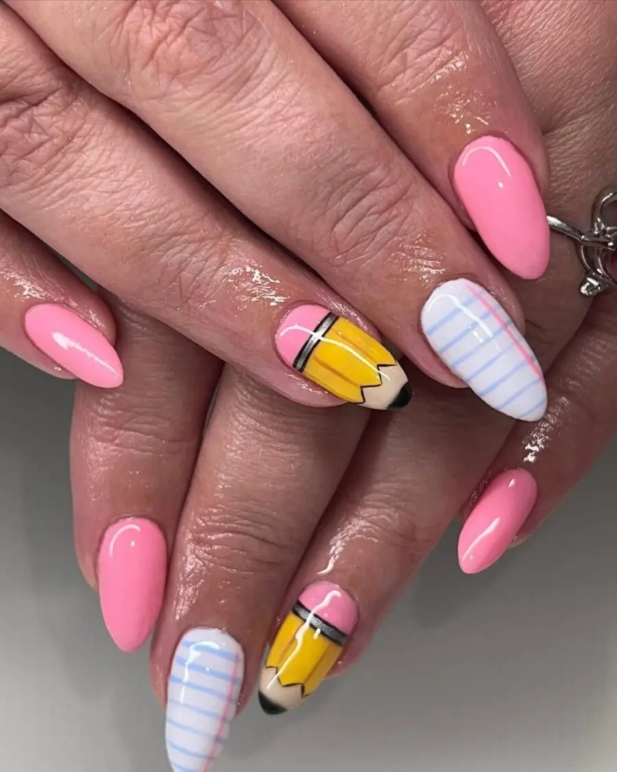 Fun Pink and Yellow Pencil Nail Design