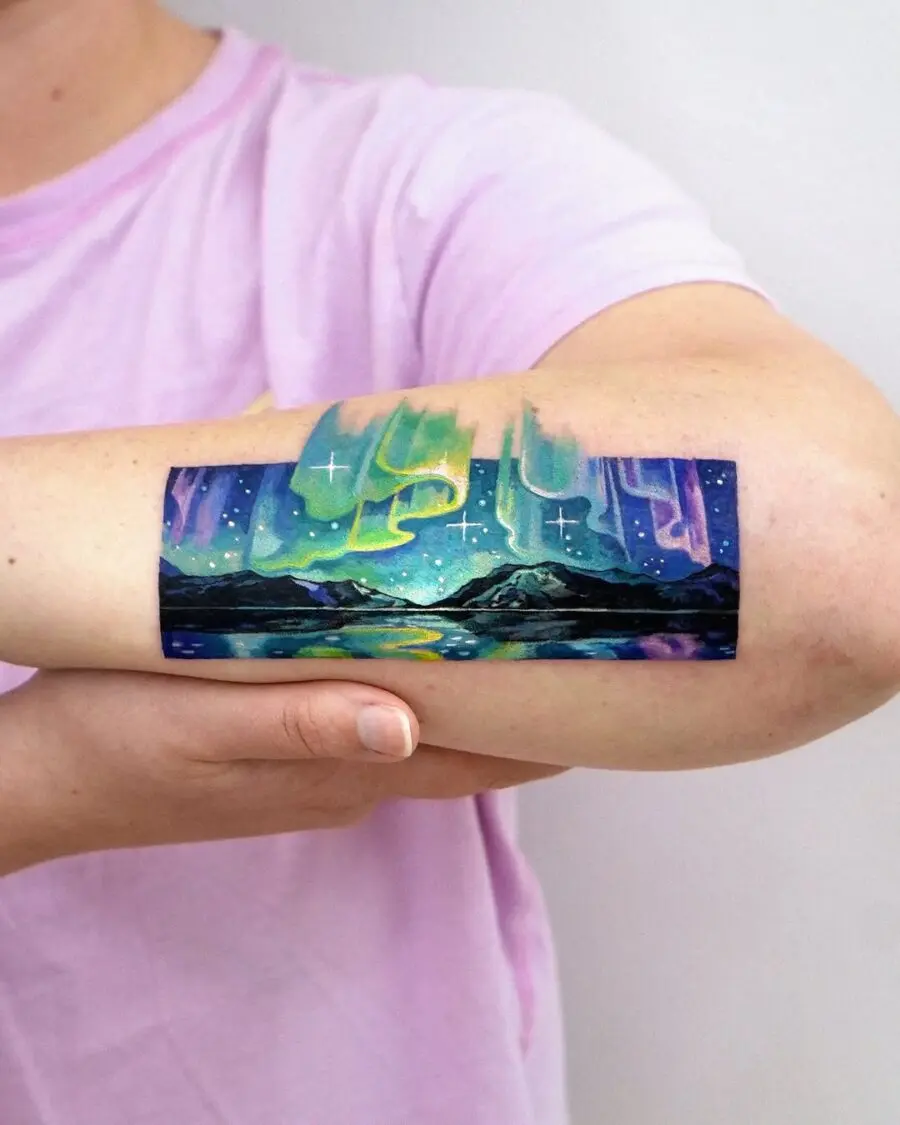 Captivating northern lights tattoo showcasing vibrant colors