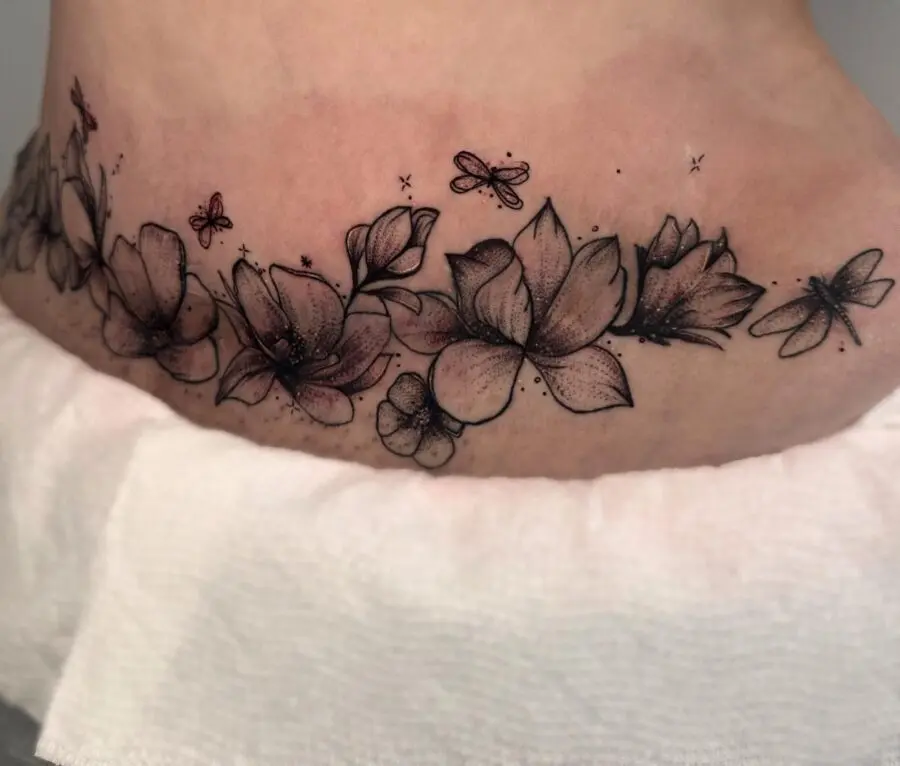 Stunning Floral Belly Tattoo with Butterflies