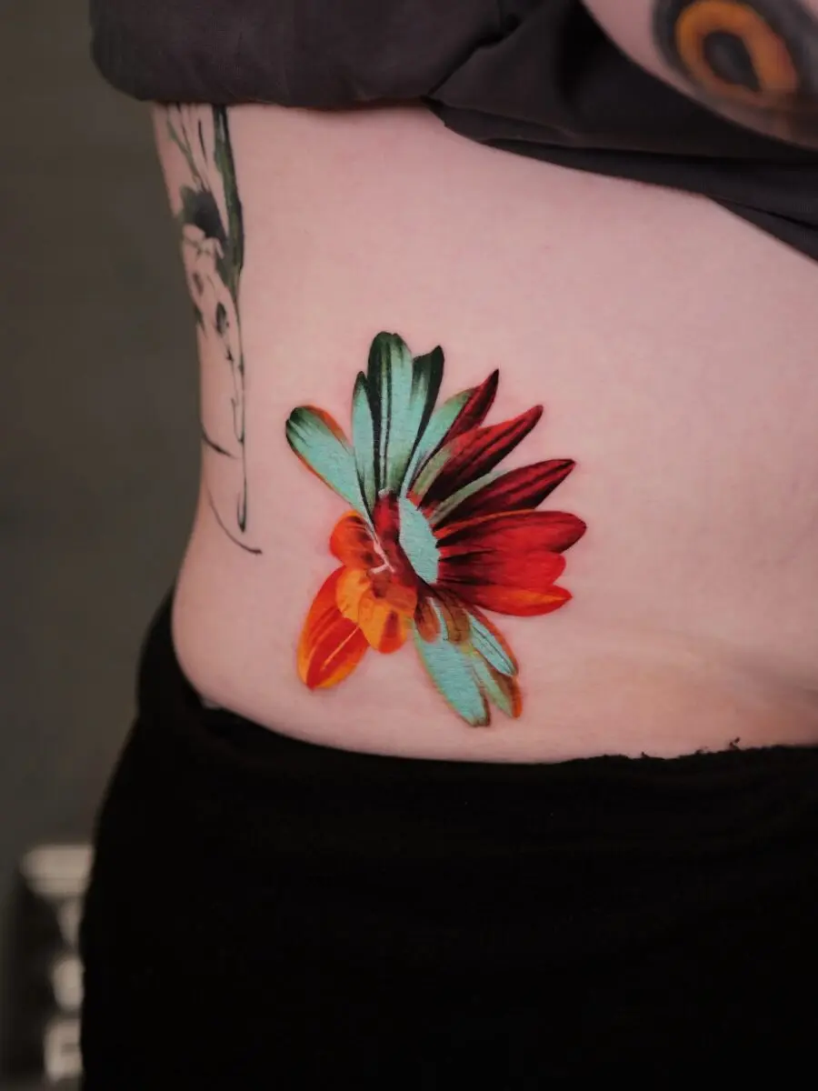 Stunning Floral Belly Tattoo in Vivid Colors